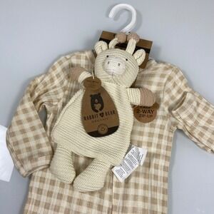 Rabbit + Bear Kids 6-9M Beige Gingham Organic Cotton Sleeper & Lovey NEW